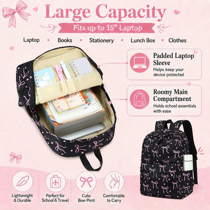 LOIDOU Backpack for Teen Girls Bookbags School Backpack with Lunch Box and Pencil Case 3 in 1 School Bags Set (Black Bow-Tie)