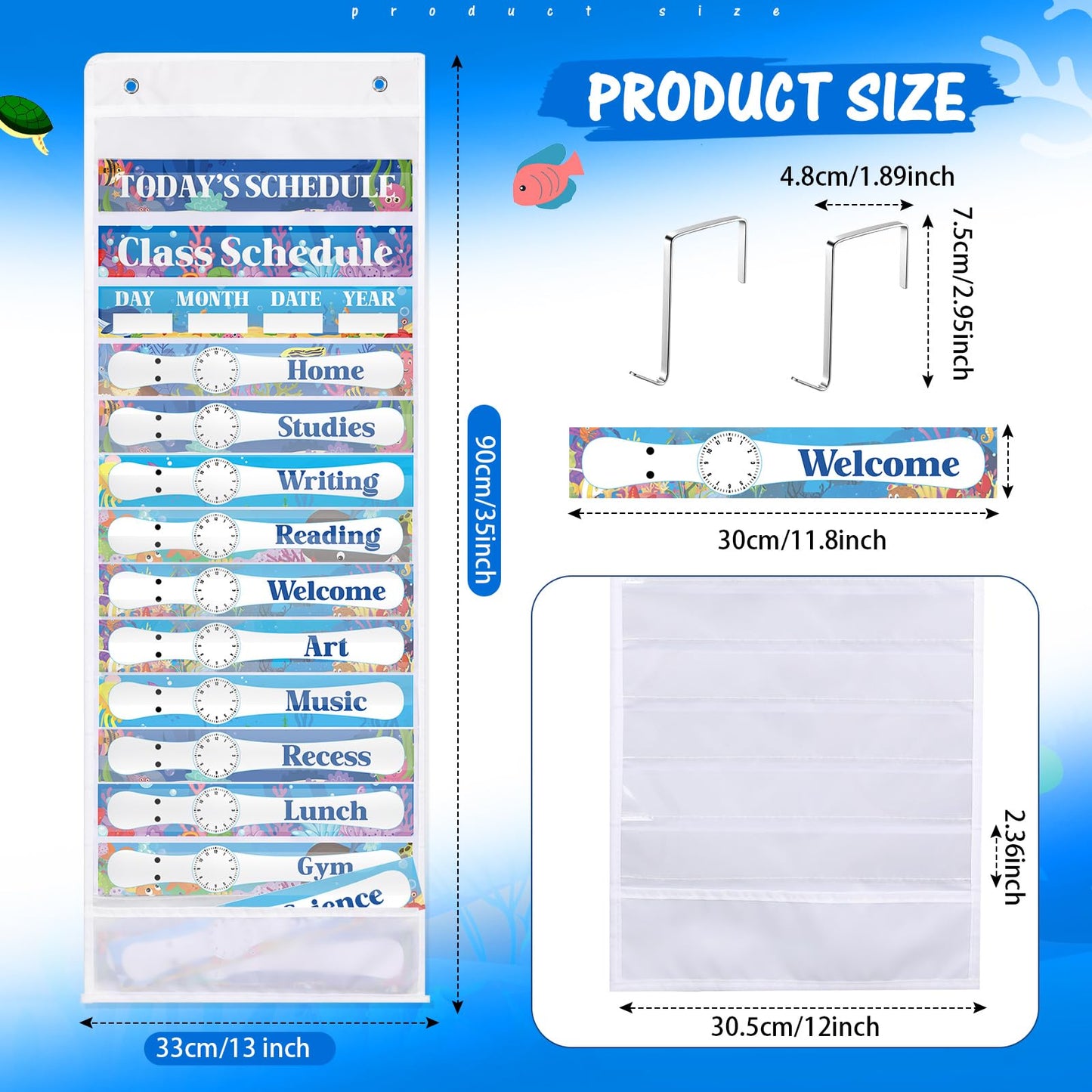 Sunnymove Ocean Daily Schedule Pocket Chart For Classroom Decor With 13+1 Pockets And 42 Designed Schedule Cards, Teacher Supplies For Preschool Classroom Home Office Back To School Decorations
