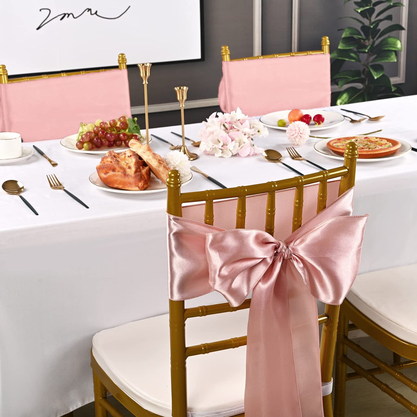 fani 120 PCS Rose Gold Satin Chair Sashes Bows Universal Chair Cover for Wedding Reception Restaurant Event Decoration Banquet,Party,Hotel Event Decorations (7 x 108 inch)