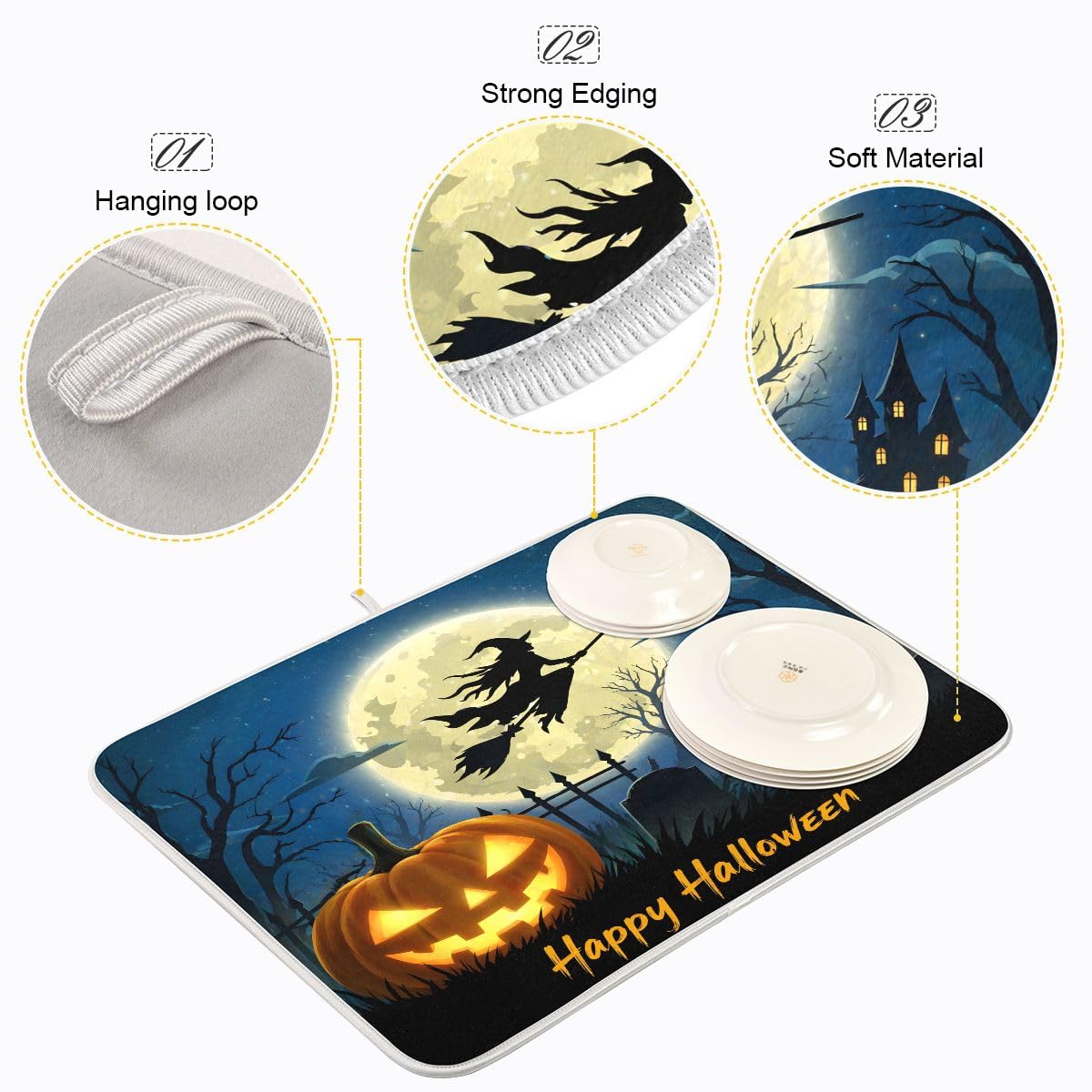 Halloween Night Witch Bat Dish Drying Mat,Pumpkin Latern Absorbent Dish Drying Mat for Kitchen, Extra Large, 16" x 18"