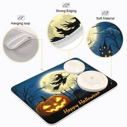 Halloween Night Witch Bat Dish Drying Mat,Pumpkin Latern Absorbent Dish Drying Mat for Kitchen, Extra Large, 16" x 18"
