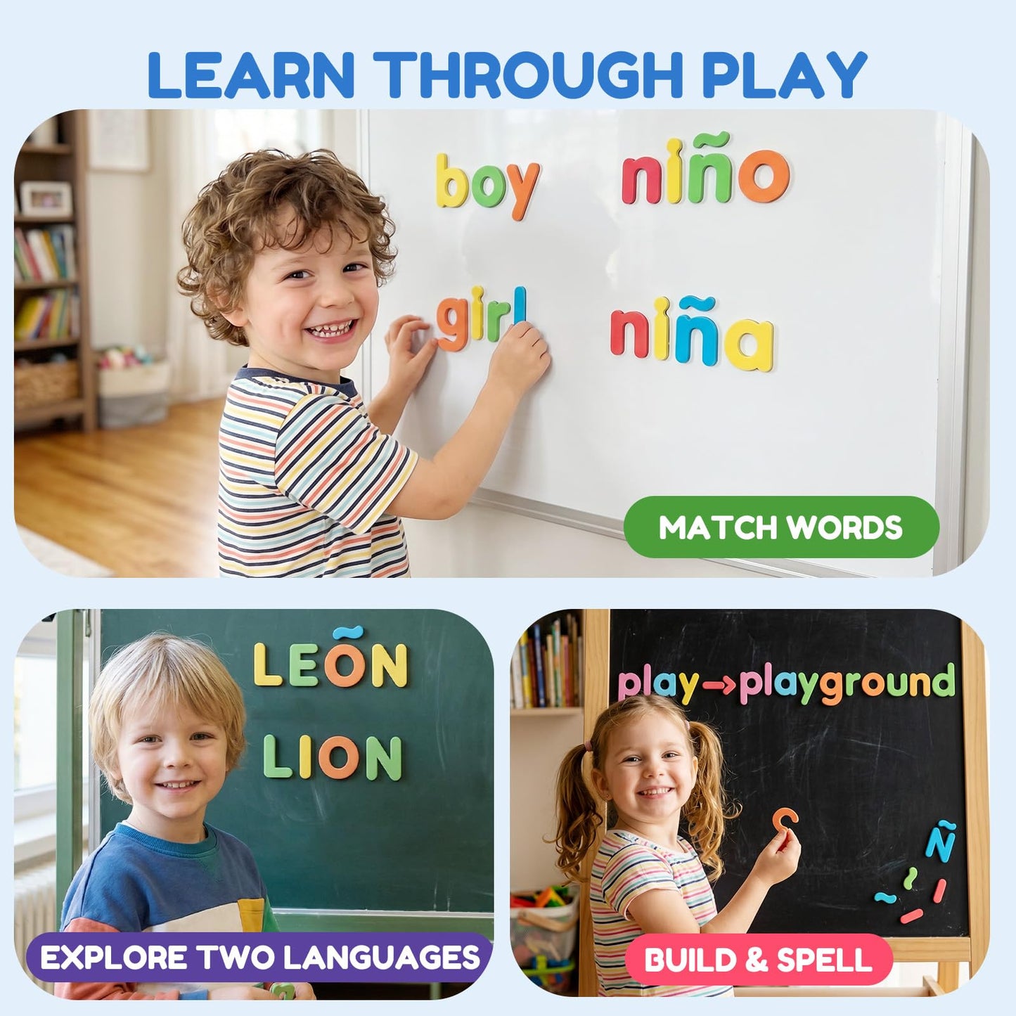 JoyCat English & Spanish Magnetic Letters Kit, 260 Pcs Foam Alphabet Magnets with Spanish Symbols & Double-Sided Magnetic Whiteboard, Bilingual Preschool Learning Toys for Classroom & Homeschool