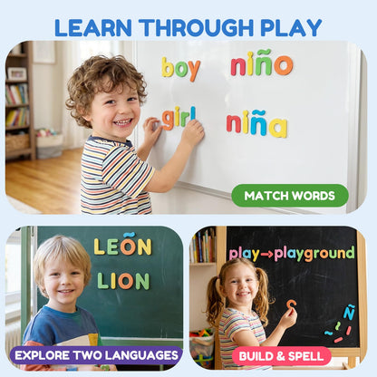 JoyCat English & Spanish Magnetic Letters Kit, 260 Pcs Foam Alphabet Magnets with Spanish Symbols & Double-Sided Magnetic Whiteboard, Bilingual Preschool Learning Toys for Classroom & Homeschool