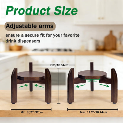 Homeqttomt Drink Dispenser Stand Adjustable Width for 5-Gal Jugs & Beverage Jars with Round Flat Tray - Sturdy Walnut Holder for Water Coolers, Plant Pots (Walnut wood color)