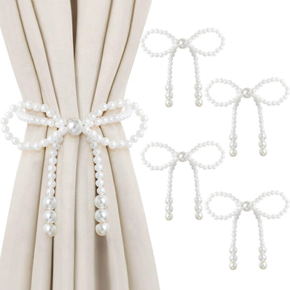 Lewtemi 4 Pcs Pearl Bow Magnetic Curtain Tiebacks Decorative Curtain Holdbacks No Drill for Mother's Day Home Outdoor Bedroom Office (Bowknot)