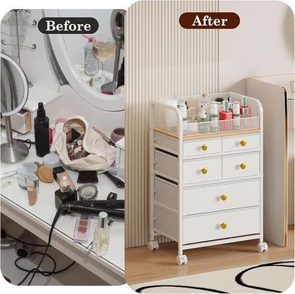 Rolling Makeup Cart Organizer with 6 Drawers, Makeup Storage with Wheels, Floor Skincare Organizers Vanity Storage Organizer Cosmetics Display Cases for Skin Care Perfume Nail Polish, White