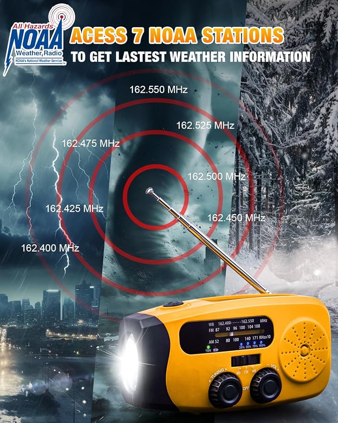 Hand Crank Radio with AM/FM/NOAA Weather Bands,for Emergencies, Camping | 3 LED Flashlights,SOS Function,Solar Powered,Hand Cranked, 2000mAh/7400mWh Charger,for Power Outage - Orange