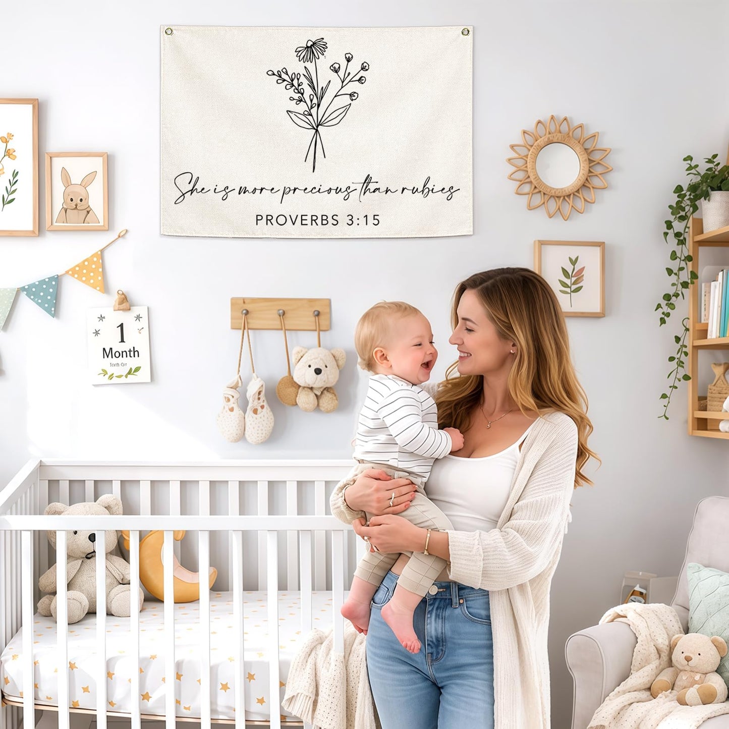 Nursery Scripture Bible Verse-Christian Botanical Decor-Rectangular Banner Flag Poster Wall Decor Gifts for Baby Kids Girl Boy- Nursery,Bedroom,Playroom,Door Decoration-Christmas Gift-28.5"L×20"W