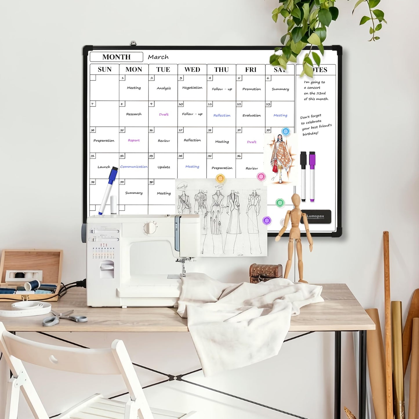 Lumspax Monthly Whiteboard Calendar for Wall, 24" x 18" Dry Erase Board with Plastic Frame, Hanging Dry Erase Calendar with 3 Mini Sticky Notes for Kitchen Planner, Memo, Home and Office, Black