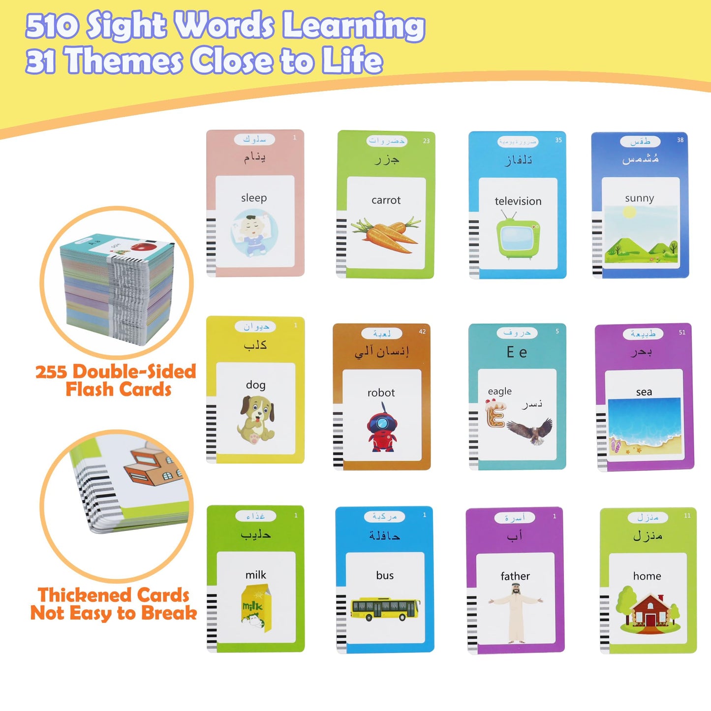 MAYAPHILOS Arabic and English Speaking Flash Cards with 510 Sight Words, Learn Arabic for Kids, Audible Pocket Speech Early Educational Toys for Toddlers 2 3 4 5 6 Years Old