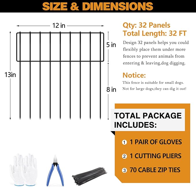 32 Panels Animal Barrier Fence, 32ft(L) X 13inch(H) No Dig Rabbit Fences, Dog Digging Defense Ground Bottom Blockers, Rustproof Metal Border for Garden Outdoor Patio Landscaping