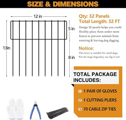 32 Panels Animal Barrier Fence, 32ft(L) X 13inch(H) No Dig Rabbit Fences, Dog Digging Defense Ground Bottom Blockers, Rustproof Metal Border for Garden Outdoor Patio Landscaping