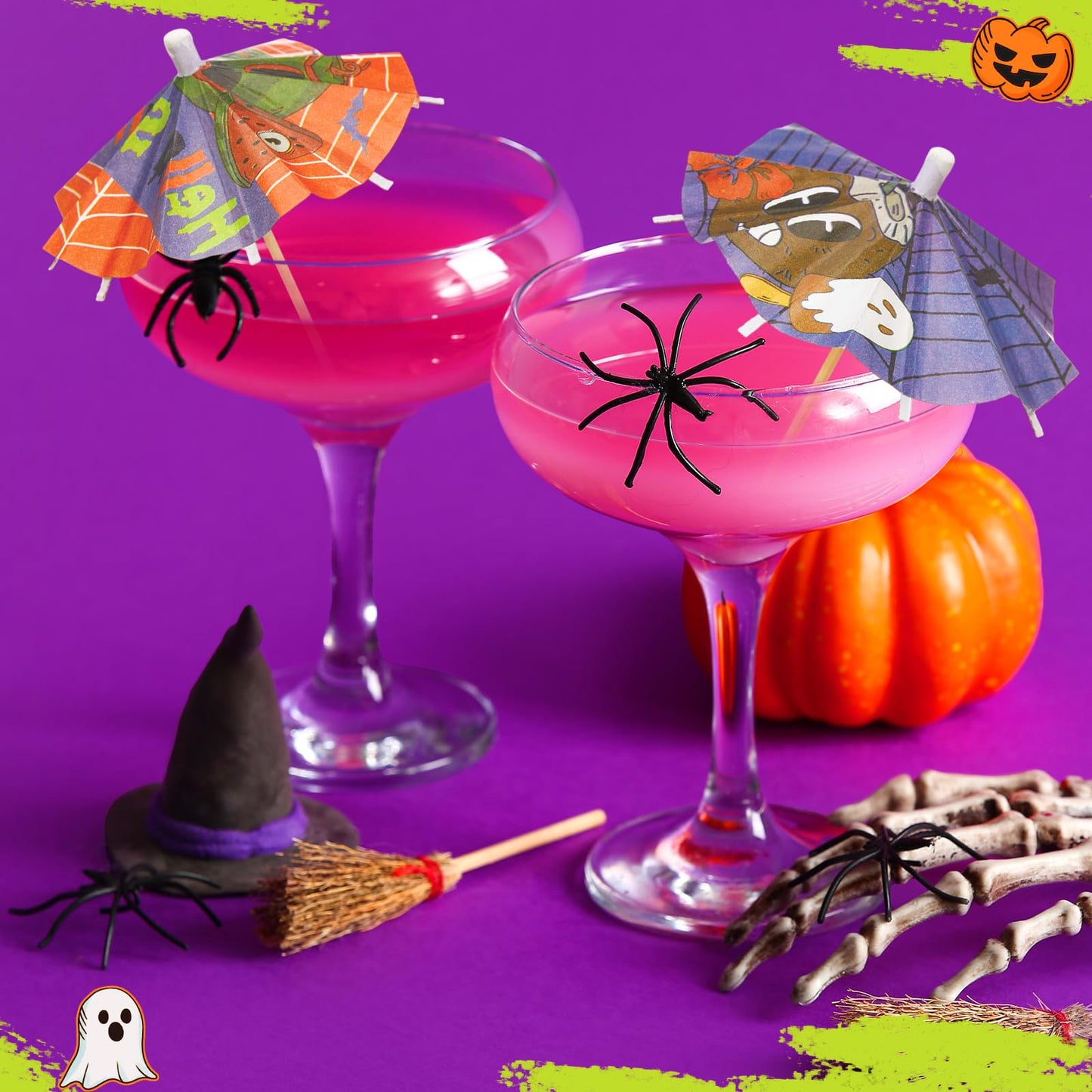 Ferrochef 100 Pcs Summer Halloween Cocktail Umbrellas Picks - Halloween in July Drink Decoration & Cupcake Toppers - Tropical Spooky Summer Paper Parasols Picks for Hawaiian Pool Beach Party Decor
