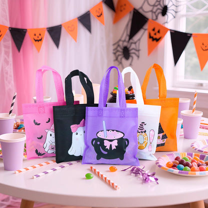 RSCPTOY 20pcs Pink Purple Girl Halloween Treats Bags - Cute Ghost Witch Cauldron NonWoven Candy Bag Gift Tote for Little Boo Baby Shower Party Supplies Summerween Party Decorations