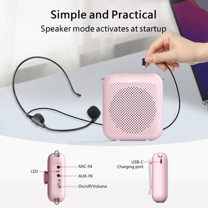 Norwii Bluetooth Voice Amplifier, Power Amplifiers, Portable Mini Wired Microphone Headset for Teacher Classroom & Outdoor Lectures, Teaching, Tour Guides, USB-C Rechargeable - 4000mAh, Pink