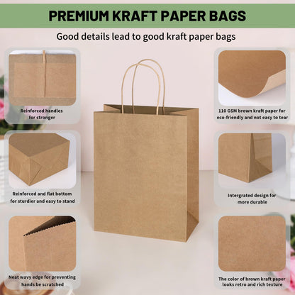 Mlyta 200 Pack 8x4.75x10 Inch Plain Medium Brown Kraft Paper Gift Bags with Handles Bulk for Goodie, Party Favor Brithday Grocery Shopping, Business Wedding Retail Craft Treat To Go, Merchandise Sacks