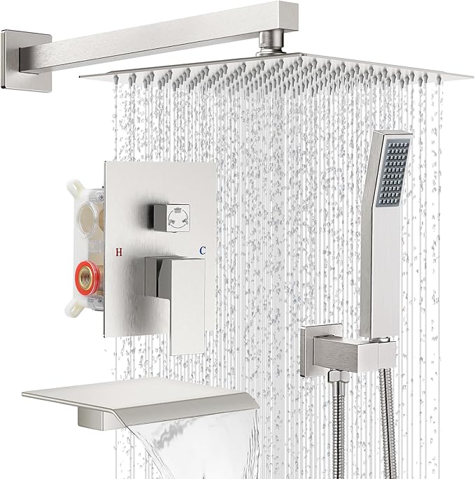 10" Rain Shower Faucet Set with Tub Spout, Brushed Nickel | Anti-scald cartridge, air tech boosts pressure 50%, 3-func diverter, NPT 1/2