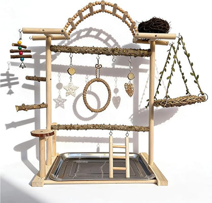 Multi-Level Bird Play Stand with Rope & Bell Toys | Natural Wooden Parrot Play Stand with Ladder & Swing | Ideal for Small to Medium Birds | Great for Cockatiels & Parakeets