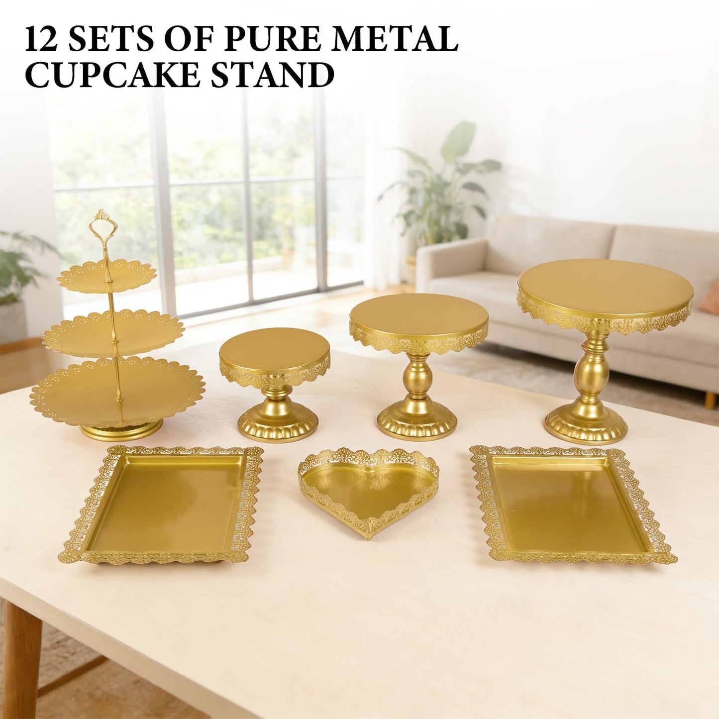 Jaevorite 12 Set of Gold Cake Stand, Metal Gold Cupcake Stand and Bases para Postres de Mesa, Elegant Gold Dessert Stands for Party and Wedding, Easy to Clean Desert Table Display Set