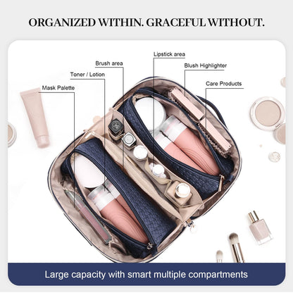 Travel Makeup Bag for Women: 3 Pcs Set Cosmetic Bags for Women - Large Capacity Vagen Leather Hand-made for Toiletry Organizer - Waterproof Ladies Travel Flat Open Essentials for Luxury (03Blue)