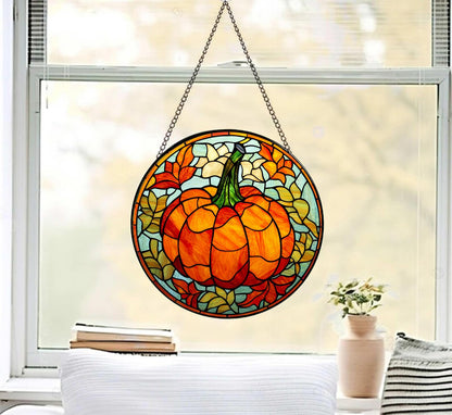 Autumn Pumpkin Stained Glass Window Hanging, Fall Harvest Suncatcher with Leaves & Flowers, Thanksgiving and Halloween Window Decor for Home & Kitchen