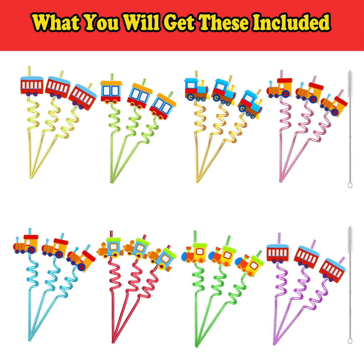24 Pack Train Theme Shaped Straws - Reusable Plastic Straws with Cartoon Decoration - Kids Party Supplies - Birthday Party Favors with 2 Cleaning Brushes