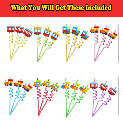 24 Pack Train Theme Shaped Straws - Reusable Plastic Straws with Cartoon Decoration - Kids Party Supplies - Birthday Party Favors with 2 Cleaning Brushes