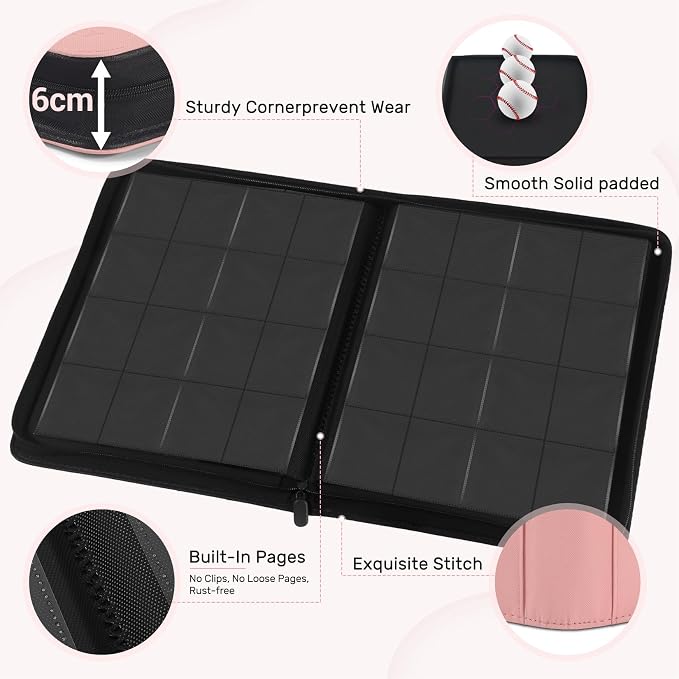 Card Binder 16 Pocket, Zipper Trading Card Binder Holds 1024 Cards, Double-sided Side Loading Card Storage Album, Ringless Card Protector, Card Collection Binder for TCG, MTG, Game Sport Card, Pink