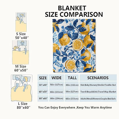 Lemon Blanket Fresh Citrus Fruit Throw Blankets with Blue Leaves,Birthday Gifts for Girls Boys Women & Food Lovers,Lightweight Soft Fleece,for Sofa Couch Bed Room Summer Decor 50x60in