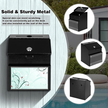 xydled Suggestion Box with Key Lock Magnetic Acrylic Sign Holder, Metal Donation Ballot Drop Box with Slot Tip Jar for Office, Fundraising, Church, School, 8.1'' x 7.1'' x 5.7'', Black