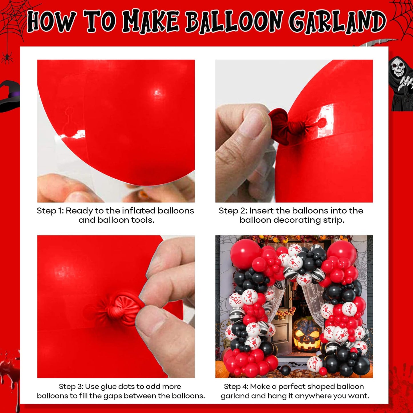 Halloween Balloons Garland Arch Kit, 125 PC Red Black Scary Balloons with Marble Bloody Hand Prints, Horror Decorations for Scream Creepy Gothic Halloween