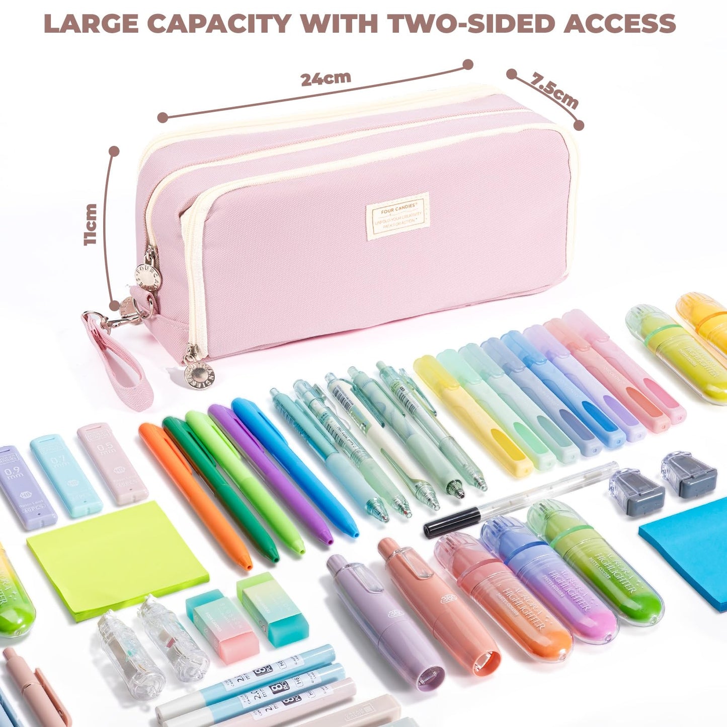 Four Candies Pink Pencil Case 3 Compartment, Large Pencil Pouch with Removable Handle & Zipper, Cute Stationery Organizer Big Pencil Case for Markers, Pencil Bag for Office College, Pink