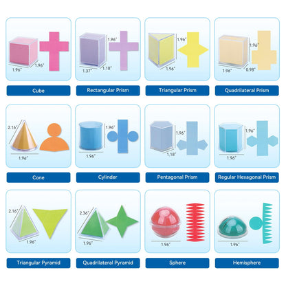 Geometric Solids 3D Shapes & 2D Folding Nets (1.96") 12+12 -Clear Math Manipulatives for Classroom & Homeschool -Thickened Durable Shapes with Smooth Edges,Teacher Supplies for Geometry, Volume & Nets