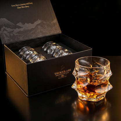 TSUKIGLASS® Storm Premium Japanese Crystal Whiskey Glasses Set of 4 - Gift Ready Box, 100% Ultra Clarity Lead-Free Crystal, 10oz Tumblers for Bourbon, Scotch & Cocktails, Luxury Gift for Father's Day