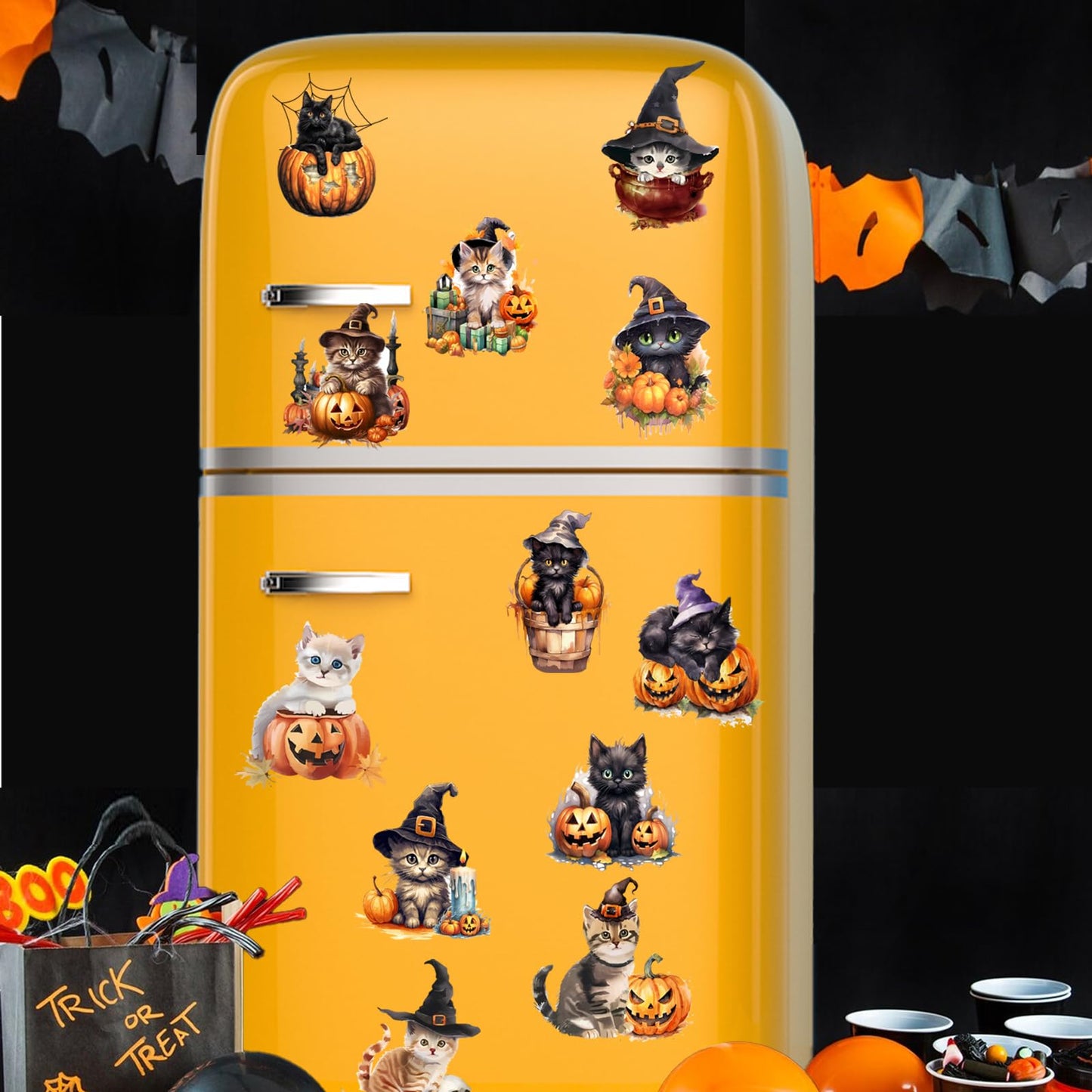 Cheerupp Halloween Cat Fridge Magnets, 12 Pieces Orange and Black Pumpkin Bat Refrigerator Magnetic Stickers Decals for Metal Door Locker Mailbox Car Decoration Supplies