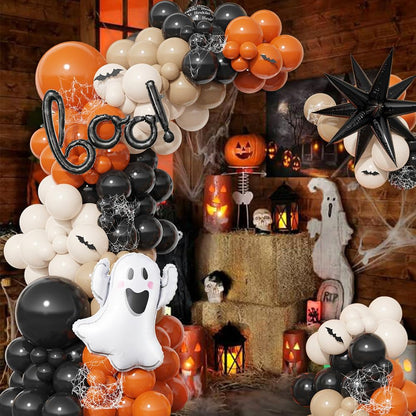 Halloween Little BOO Balloon Garland Arch Kit, 151 Pcs Black Burnt Orange Retro White Latex Balloons with Ghost and Boo Foil Balloon for Spooky One Costume Halloween Party Decorations