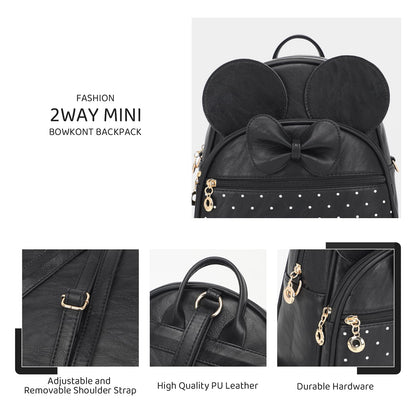 KL928 Girls Mini Backpack Bowknot Polka Dot Cute Daypacks Convertible Shoulder Bag Purse for Women (Black)