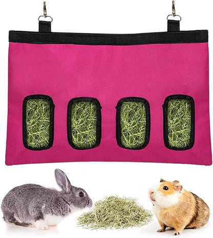 Rabbit Hay Feeder Bag, Large Capacity Rabbit Hay Bag Small Animal Hanging Hay Bag 600D Oxford Cloth Bunny Hay Feeder Bag for Rabbits Guinea Pigs Chinchillas (Rosered-4 Holes-1Pcs)