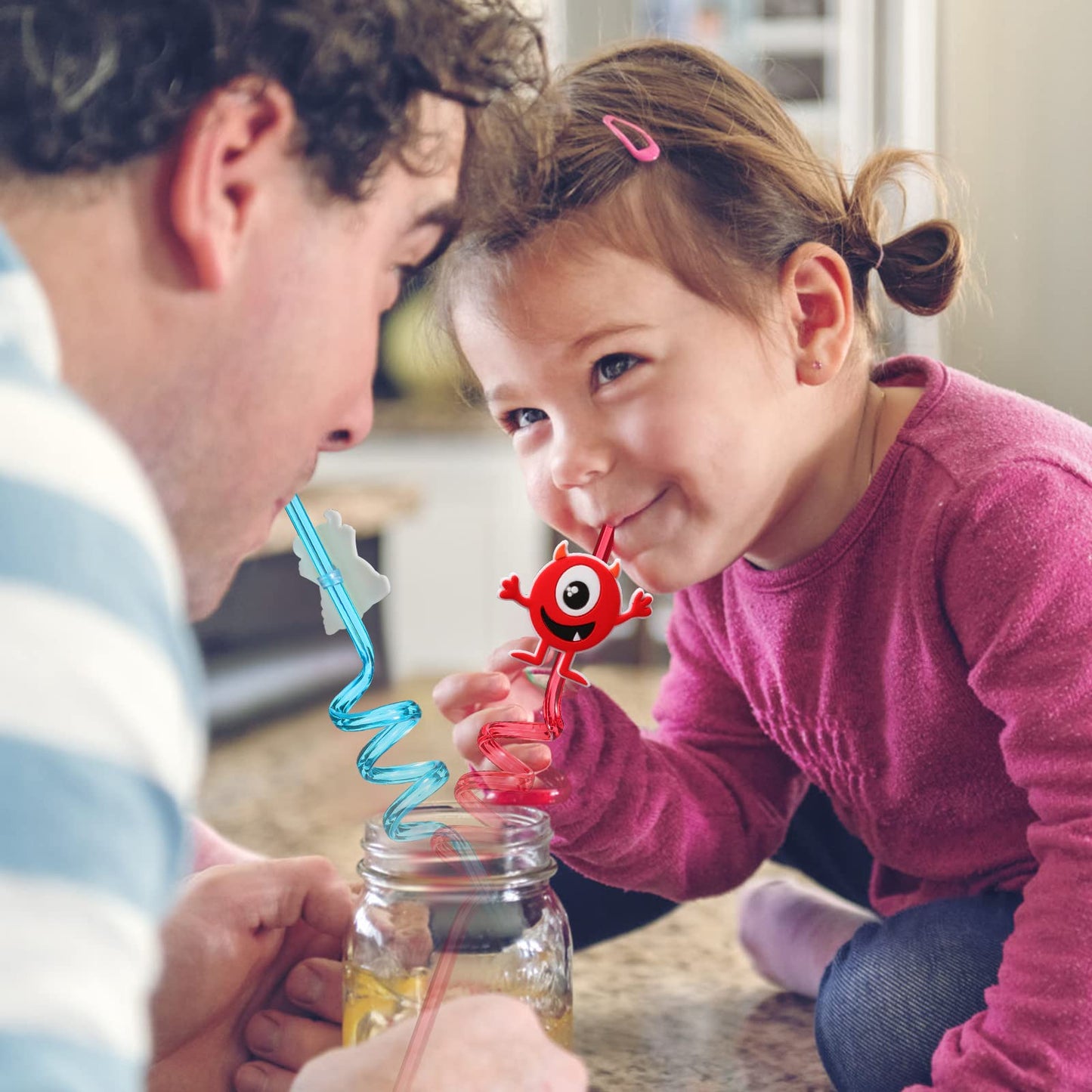 AFZMON 24 PCS Monster Drinking Straws Reusable Plastic Beverages Cocktail Straw with Cartoon Decoration for Kids Monster Party Supplies for Birthday Party Favors