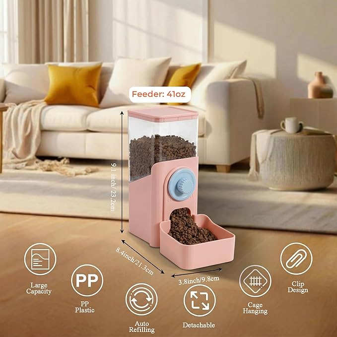Auto Gravity Food Dispenser for Cage Hanging, 41OZ Capacity Hanging Automatic Pet Cage Feeder, Food Bowl for Cats Dogs Rabbit Ferret Chinchilla Bird Hedgehog Guinea Pig (Pink)