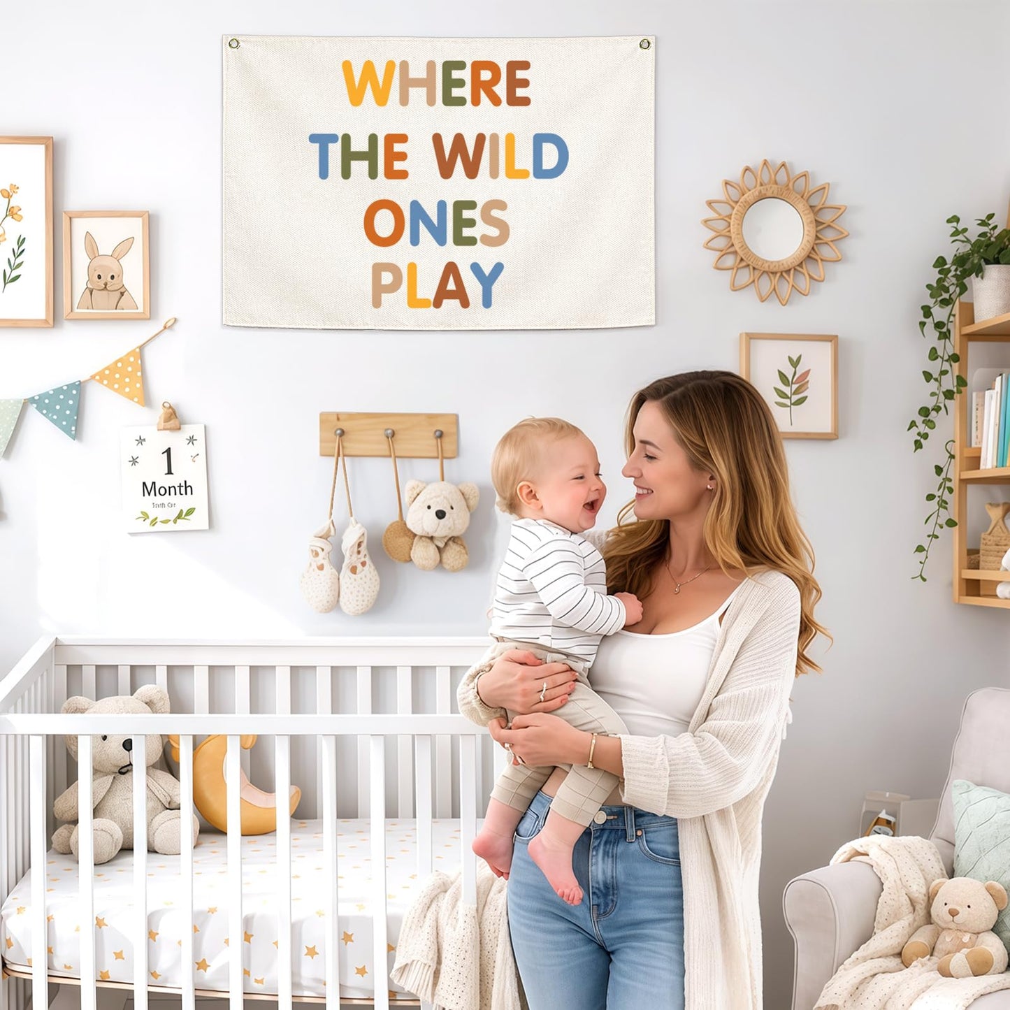Nursery Rectangular Canvas Banner Flag-Where The Wild Ones Play Wall Sign Decor for Bedroom Playroom Babyroom Outdoor,Baby Shower Baptism Christmas Gift for Baby Boys Girls Kids-28.5"L×20"W