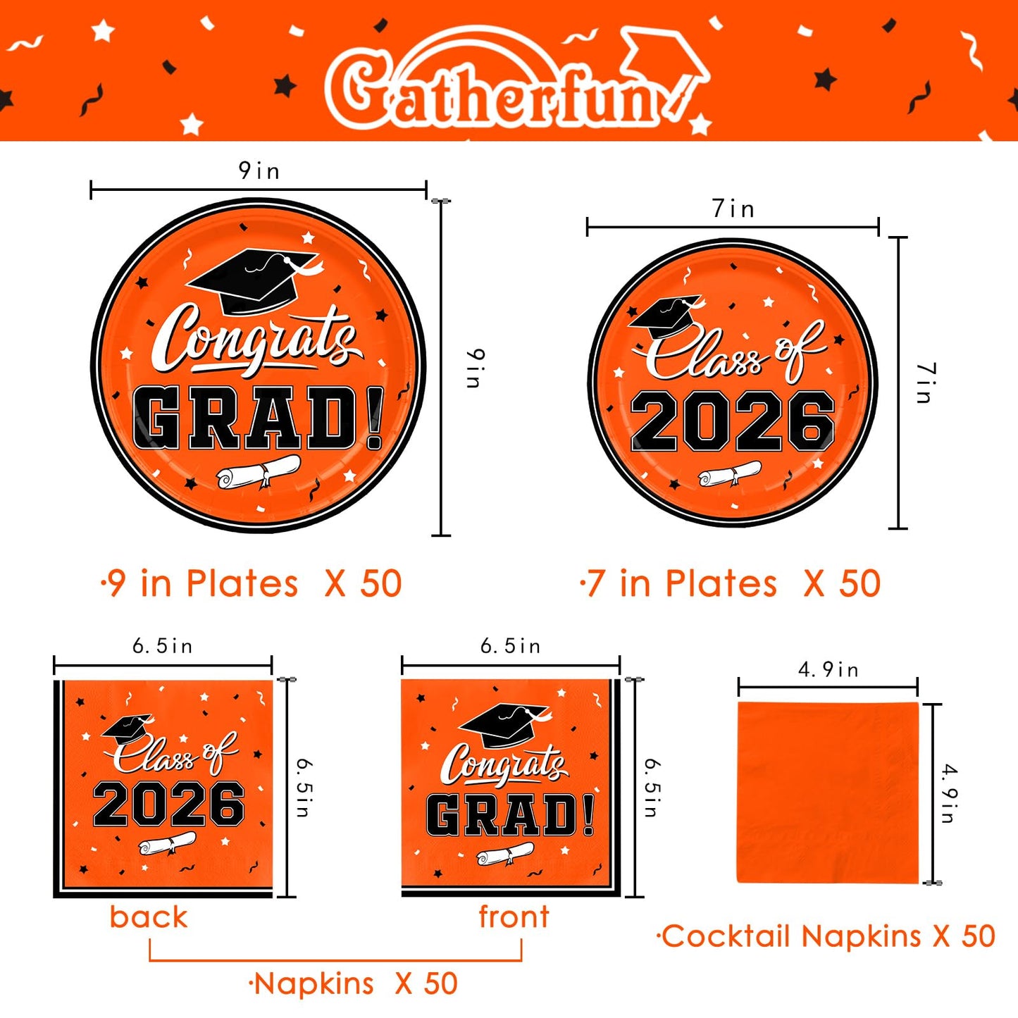 Graduation Party Plates and Napkins Gatherfun Graduation decorations 2026 Orange Disposable Paper Plates Luncheon Napkins Cocktail Napkins for Congrats Grad Party Decorations, Serve 50