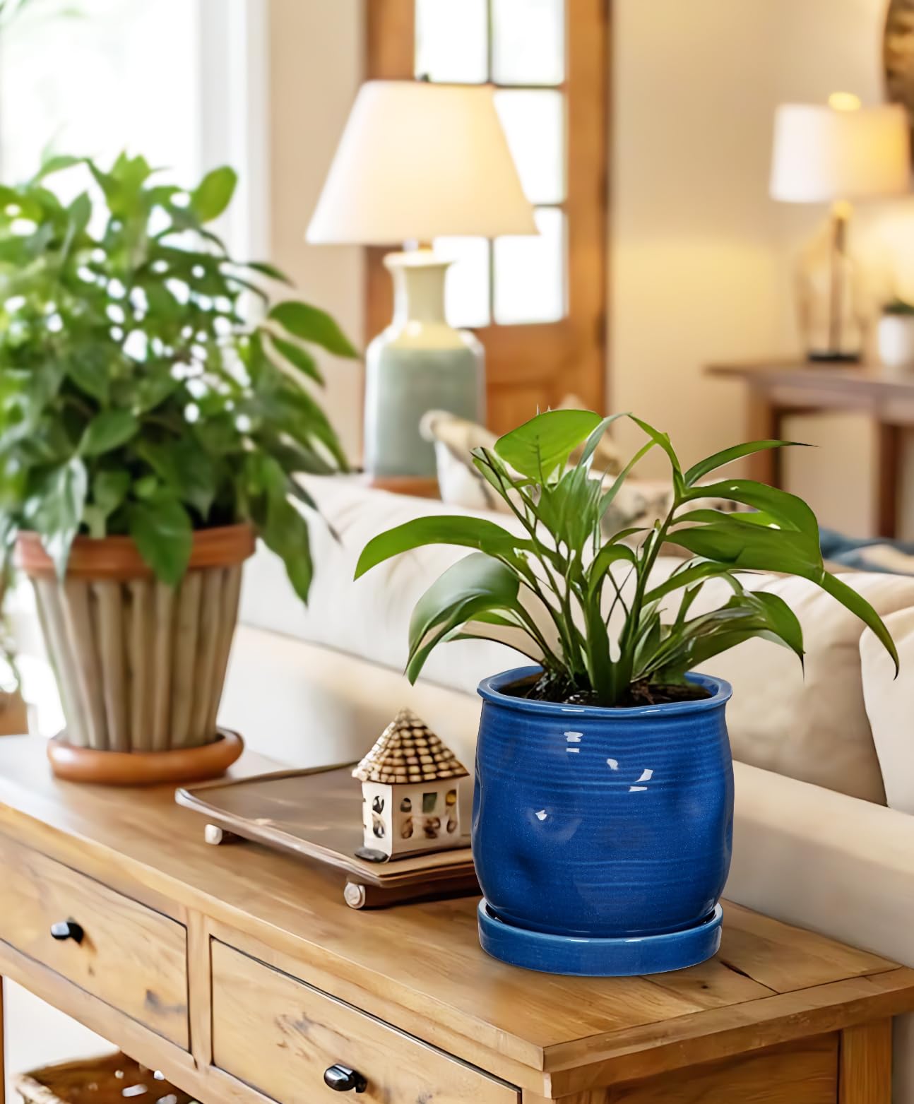 Oairse 5.7 inch Ceramic Pots for Plants, Plant Pot with Drainage Hole and Saucer Blue Ceramic Indoor Planter with Tray Decorative Flower Pots for Succulent, Cactus, Snake Plant, Herb Indoor Outdoor