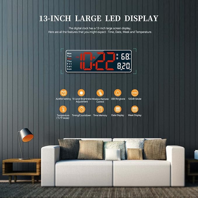 Digital Clock, Digital Wall Clock for Living Room Decor, Desk Alarm Clock for Bedroom, Large Wall Clock with Remote Control, Automatic Brightness Dimmer LED Clock with Date Temperature Week (Red-W)