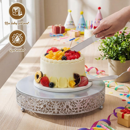 Wenqik 12 Inch Silver Cake Stand Set Metal Round Cupcake Dessert Stand with Cake Cutting, Spatula Wedding Cupcake Pastry Display Candy Holder Display for Wedding Party Birthday Baby Shower(Classic)