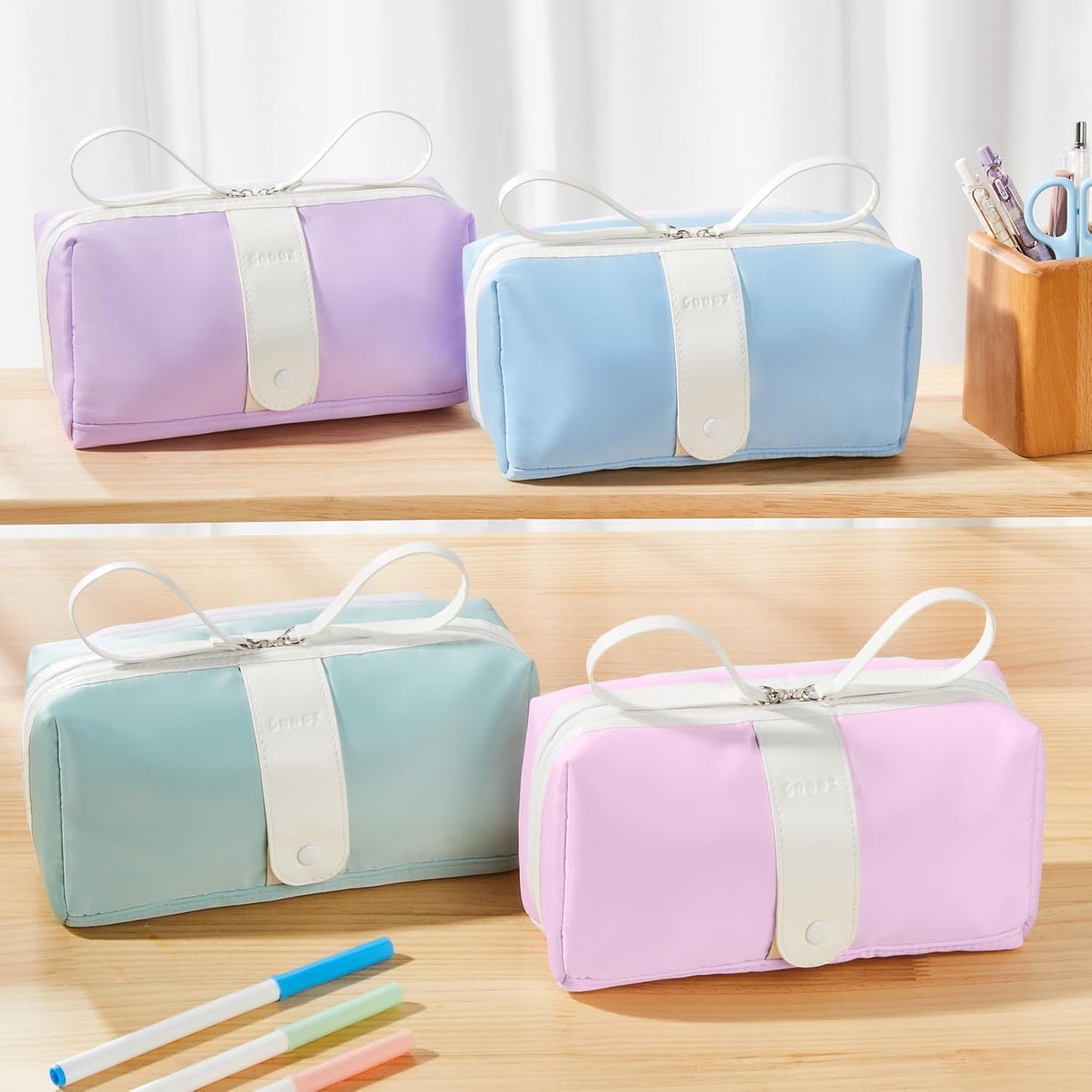 Sooez Big Capacity Pencil Case, Extra Large Pencil Pouch with Zipper Pocket, Wide Opening Pencil Bag, Portable Stationery Organizer, Cute Aesthetic School Office Supplies for Teens Girls Adults, Beige