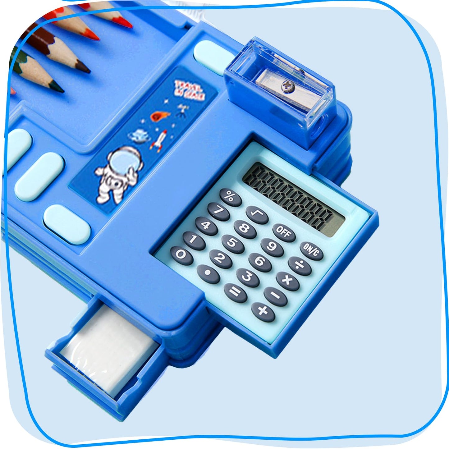 LilyBeauty Multifunction Pencil Case with Calculator, Pencil Sharpener and Curriculum, Multiple Cute Patterns, Suitable for Elementary School Girls, Boys, Great Gifts for Kids (Blue)