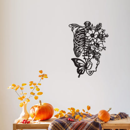 Rajukit Skull Wall Decor & Metal Butterfly Art - Gothic Skeleton Decor with Flowers, Eclectic Wall Sculpture for Bedroom & Outdoor Gothic Decor, Halloween Gifts
