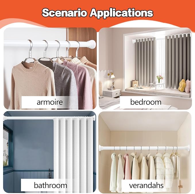 Closet Rod - 30-64 Inches, No Drilling Closet Rod Extender Hanging - White Adjustable Clothes Hanging Bar, for Closet, Bathroom, Windows with No Drilling Holder