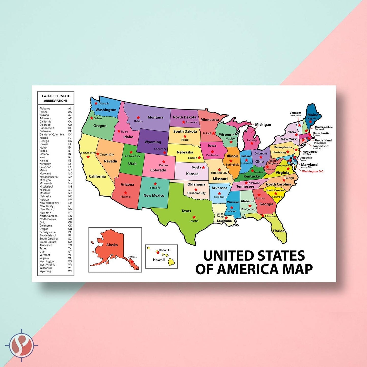 United States Map - USA Poster, US Educational Map - With State Capital - for Ages Kids to Adults- Home School Office - Printed on 12pt. Glossy Card Stock | Bulk Pack of 10 | 12 x 18 Inches